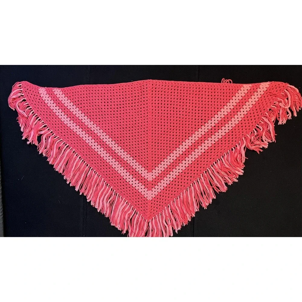 Crochet Shawl Wrap Womens One Size Pink Striped Fringe Boho‎ Handmade Poncho